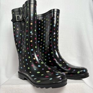 Merona Women's Black Polka Dot Tall Pull-On Rain Boots Size 7